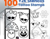 100 Y2K Stencils Linework Tattoo Stamps for Procreate Flash Brushes For Digital Artists