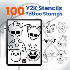 May include: A digital illustration of 100 Y2K stencil tattoo stamps. The designs include skulls with bows, a mushroom, a cat in a pumpkin, a crown, a flower, a bunny, cherries, and lips. The text "100 Y2K Stencils Tattoo Stamps" is in orange and blue.