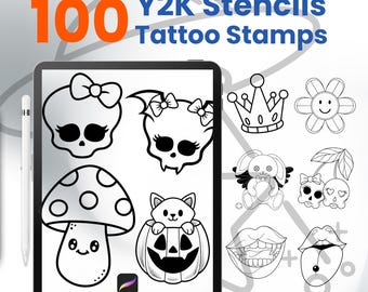 Könnte beinhalten: Digitale Illustration von 100 Y2K Schablonen-Tattoo-Stempeln. Die Designs umfassen Schädel mit Schleifen, einen Pilz, eine Katze in einem Kürbis, eine Krone, eine Blume, ein Häschen, Kirschen und Lippen. Der Text "100 Y2K Stencils Tattoo Stamps" ist in Orange und Blau.