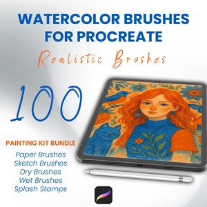 Può includere: Un pacchetto di arte digitale per Procreate con pennelli ad acquerello. L'immagine mostra un tablet che mostra un'illustrazione colorata di una donna con i capelli rossi, un gatto blu e un uccello blu. Il testo include "Watercolor Brushes for Procreate" e "100".
