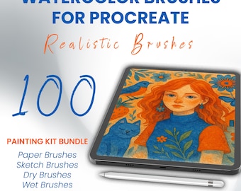 Könnte beinhalten: Ein digitales Kunstpaket für Procreate mit Aquarellpinseln. Das Bild zeigt ein Tablet mit einer farbenfrohen Illustration einer Frau mit roten Haaren, einer blauen Katze und einem blauen Vogel. Der Text enthält "Watercolor Brushes for Procreate" und "100".