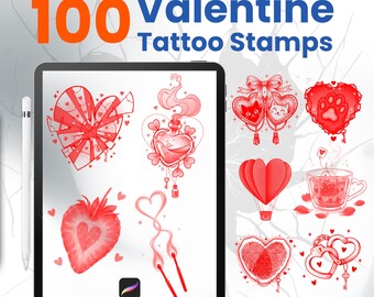 100 Valentinstag Tattoo Stamps für Procreate Love Flash Brushes für Digital Artists
