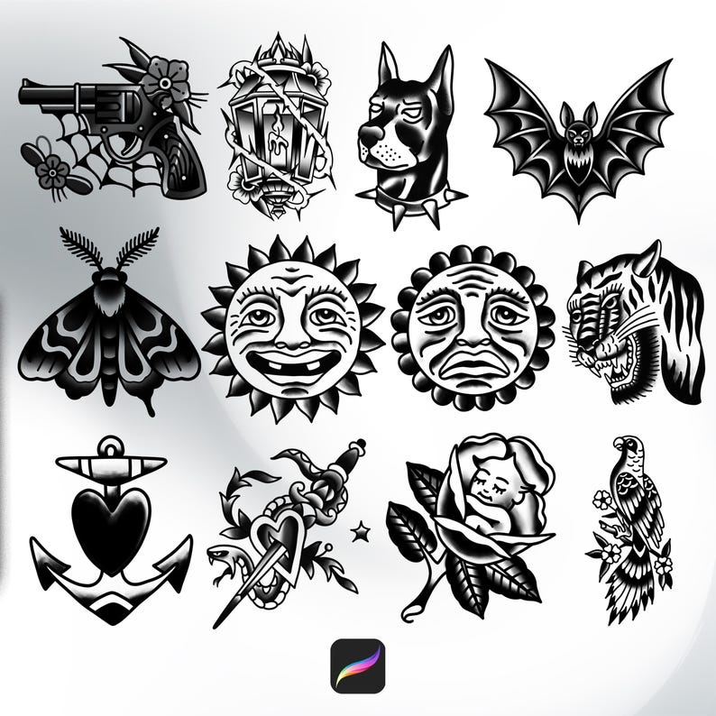 299 American Traditional Tattoo Stamps for Procreate Flash Brushes for ...