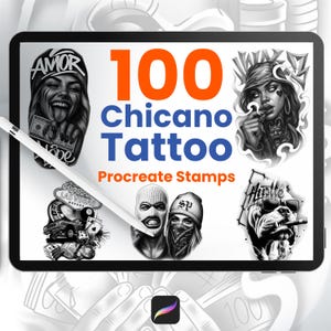 100 Chicano Tattoo Stamps für Procreate Black & Grey Flash Brushes für Digital Artists