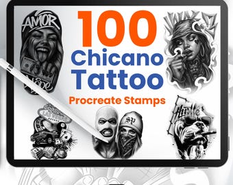 100 sellos de tatuaje chicano para Procreate. Pinceles Flash negros y grises para artistas digitales.