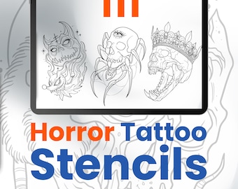 Könnte beinhalten: Ein digitaler Tablet-Bildschirm zeigt 111 Horror Tattoo Stencils mit drei schwarz-weißen Strichzeichnungen: eine gehörnte Kreatur, ein spinnenartiger Schädel mit einem Auge und ein gekrönter Schädel. Der Text lautet 111 Horror Tattoo Stencils.