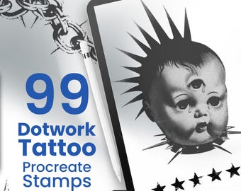 99 sellos de tatuajes de puntillismo para Procreate: pinceles minimalistas para artistas digitales.