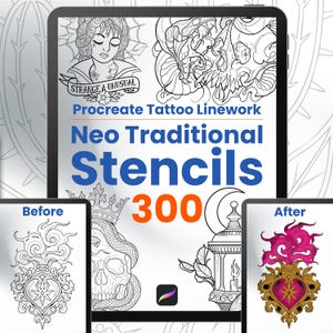 300 Neo Traditional Linework Stencils Tattoo Stamps for Procreate Flash Brushes For Digital Artists