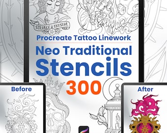 300 sellos de tatuajes para Procreate, plantillas neotradicionales, sellos para Procreate, pinceles Flash para artistas digitales