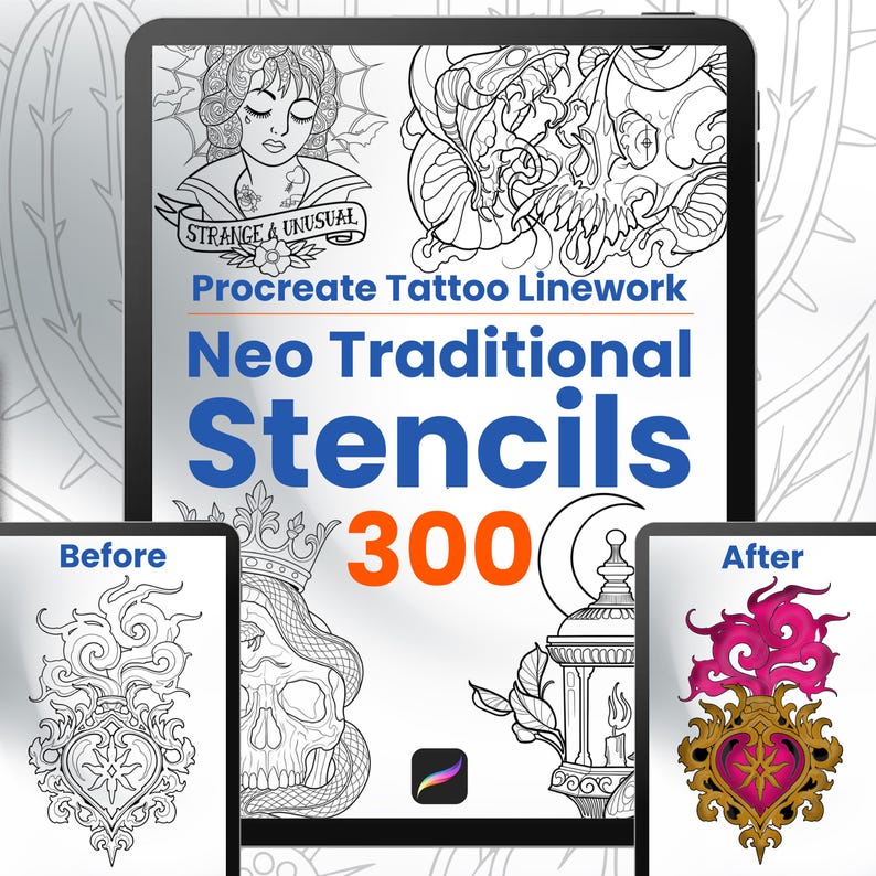300 Neo Traditional Linework Stencils Tattoo Stamps for Procreate Flash ...