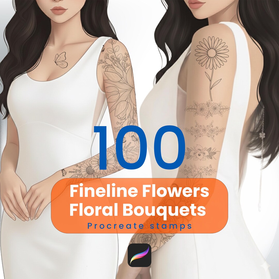 Fineline Floral Bouquets Procreate Feminine Stamps Tattoo Brush Set ...