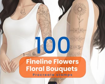 Könnte beinhalten: Digitales Kunstwerk mit zwei Figuren in weißen Kleidern, die florale Tätowierungen zeigen. Das Bild enthält den Text "100 Fineline Flowers Floral Bouquets Procreate stamps" in Orange und Weiß. Ein Procreate App-Logo befindet sich unten rechts.