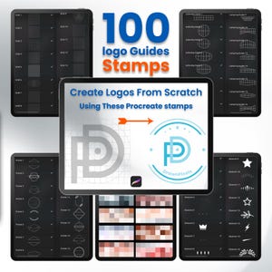 May include: A digital art product showcasing Procreate stamps and logo guides. The image displays multiple iPads with various design elements, including grids, frames, and lettering guides. Text reads "100 logo Guides Stamps" and "Create Logos From Scratch Using These Procreate stamps."