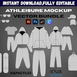 Può includere: Pacchetto vettoriale di mockup athleisure con vari capi di abbigliamento, tra cui felpe con cappuccio, pantaloni della tuta, magliette e uno zaino. L'immagine presenta anche occhiali da sole, cappelli e skateboard. Il testo sull'immagine recita "DOWNLOAD IMMEDIATO, COMPLETAMENTE MODIFICABILE" e "AI&PNG FILES."