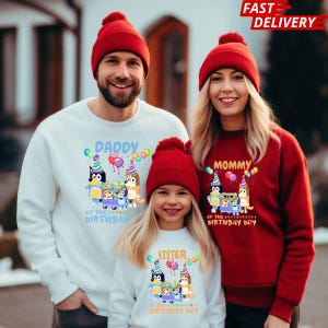 Custom Blueey Birthday Sweatshirt for Boy and Girl, Personalized Birthday Sweater, Blue and Bing Birthday Party, Blue Dog Birthday Theme Tee