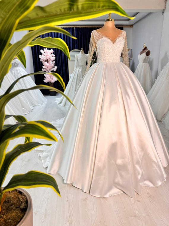Romantic White Satin Wedding Dress, Elegant Beaded Spring Wedding, Tulle Long Sleeve Bridal Gown, Sweet Heart Neck Princess Bridal Ball Gown - Etsy Romantic White Satin Wedding Dress, Elegant Beaded Spring Wedding, Tulle Long Sleeve Bridal Gown, Sweet Heart Neck Princess Bridal Ball Gown - Etsy