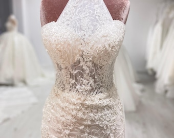 Lace Mermaid Bridal Gown, Beach Wedding Dress, Appliques Sweep Train Custom Bridal Gown, Off Shoulder Wedding Dress Custom Wedding Gown