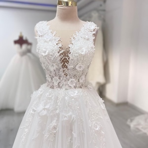 3D Lace Floral Wedding Dress, Tulle Skirt Bridal Gown, Custom V Neck Wedding,  Boho Wedding Dress