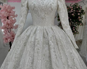 Luxury Hijab Wedding Dress, Beaded Lace Bridal Gown, Elegant Wedding Dress, Corset Wedding, Bridal Gown, Islamic Wedding Dress, Muslim Bride