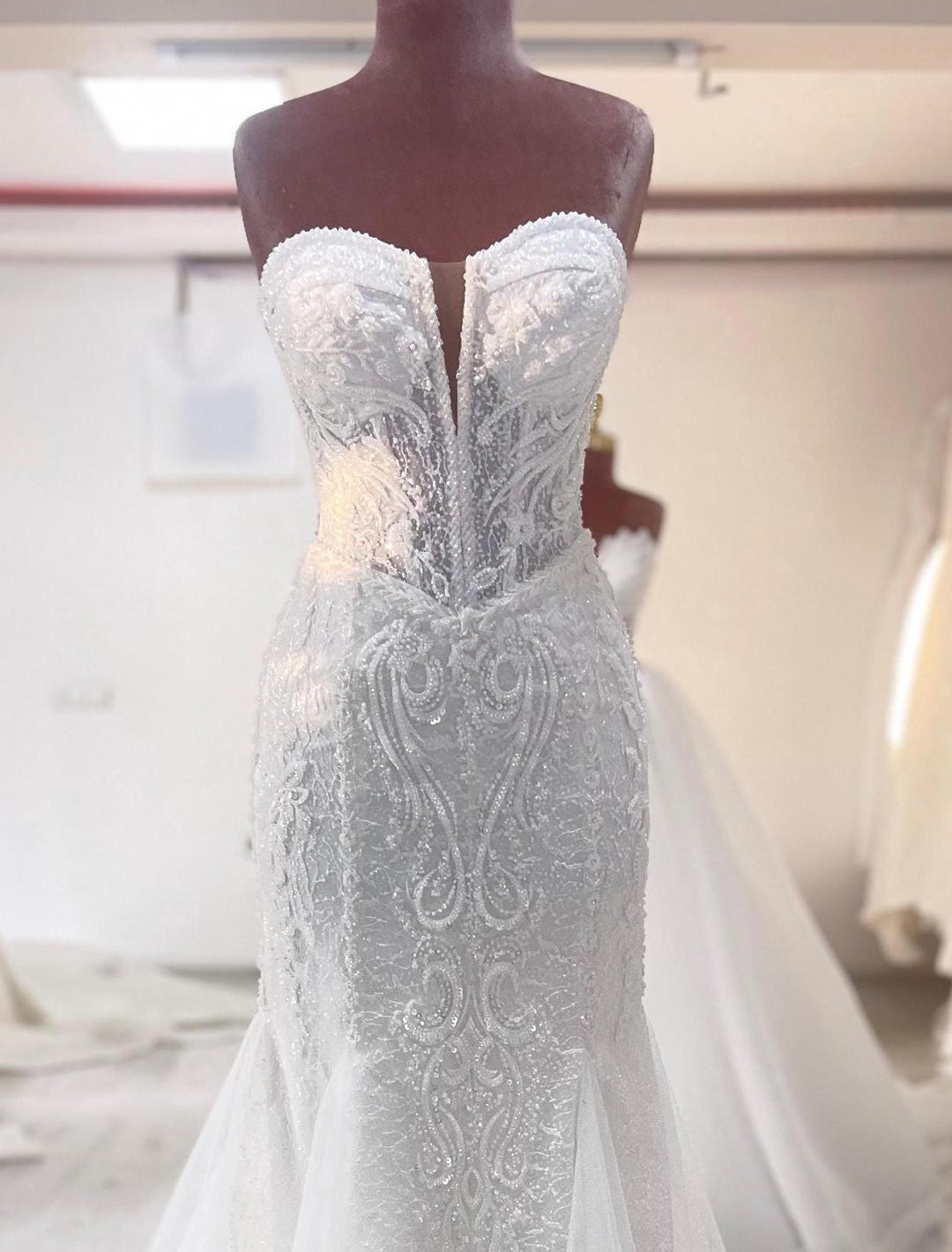 Strapless Lace Mermaid Wedding Dress, Corset Bridal Gown, Beaded ...