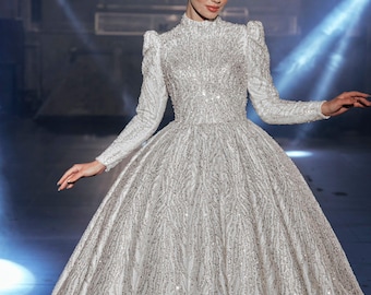 Luxury Modest Wedding Dress Long Sleeve High Neck Ball Gown, Sparkly Princess Bridal Gown
