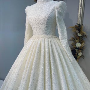 Hijab Wedding Dress, Beaded Lace Bridal Gown, Long Sleeve Bride Dress, Muslim Wedding Dress, Islamic Bridal Dress, Pearl White Wedding Dress