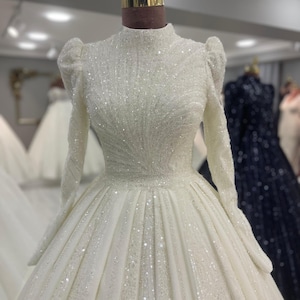 Islamic Bridal Dress, Rhinestone Hijab Wedding Dress, Elegant Bridal Ball Gown, Pleated White Wedding Dress, Muslim Bride Dress,