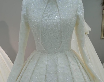 Beaded Lace Bridal Dress, Elegant Hijab Wedding Dress, Modest V Neck Bridal Ball Gown, Long Sleeve White Wedding Dress, Muslim Bride Dress,