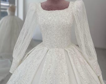 Islamic Bridal Dress, Lace Hijab Wedding Dress, Modest Tulle Bridal Ball Gown, Long Sleeve Dress, White Wedding Dress, Muslim Bride Dress,