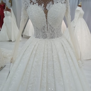 Tulle Long Sleeve A Line Wedding Dress, Glitter Rhinestones Lace Ball Gown, Bridal Gown, Exquisite Bridal Gown, Elegant Long Sleeve Gown,