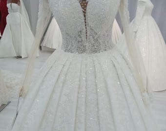 Tulle Long Sleeve A Line Wedding Dress, Glitter Rhinestones Lace Ball Gown, Bridal Gown, Exquisite Bridal Gown, Elegant Long Sleeve Gown,
