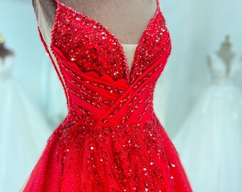Sparkly Red Maxi Dress, Engagement Dress, Backless Evening Gown, Prom Dress, Tulle Skirt Ball Gown, Bridesmaid Dress, Red Coctail Dress,