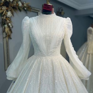 V Tulle Neck Hijab Wedding Dress, Elegant Islamic Wedding, Pearl Beaded Bridal Dress,Muslim Bride Dress,  Modest Long Sleeve Bridal Gown