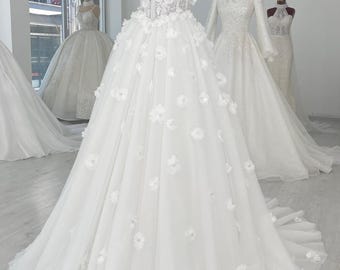 Floral Wedding Dress, Off Shoulder A Line Bridal Gowns , Romantic  Wedding Dress, Beach Wedding, Fairytale Wedding Dress, Boho Bride Dress,