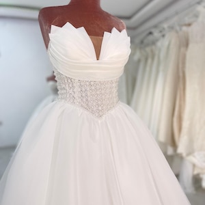 Elegance Bridal Gown with Chest Detail, Satin Wedding Dress, Off Shoulder Backless Ball Gown, Timeless Satin Wedding Dress, Long Train Dress