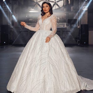 Elegant Tulle Long Sleeve A Line Wedding Dress, Glitter Lace Ball Gown, Corset Bridal Gown, Exquisite Bridal Gown, Sparkly Gown with Train,