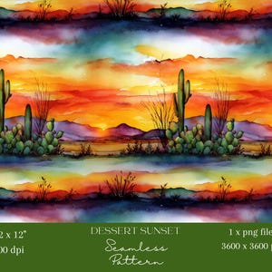 May include: Watercolor seamless pattern depicting a desert sunset. The design showcases cacti, mountains, and a colourful sky in orange, red, and blue hues. The text "DESSERT SUNSET Seamless Pattern" is included.