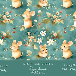 1 fichier répétitif de motif sans couture pour enfants, souris et petits fruits, pour impression sur tissu, scrapbooking, fond numérique, sublimation de papier numérique