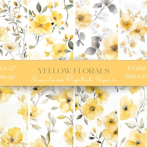 8 flores de acuarela amarillas, papel digital, patrón sin costuras, papel para scrapbooking, fondo digital, patrón de sublimación, diario basura
