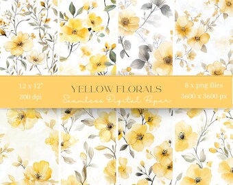 8x yellow watercolour flowers Digital Paper, Seamless Pattern, Scrapbooking Paper, Digital Background, Sublimation Pattern, Junk Journaling