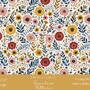 1x Ditzy Floral Digitales nahtloses Muster Rote Gelbe Blumen Datei Stoff Botanische Digitale Hintergrund Frühling Sublimation wiederholen