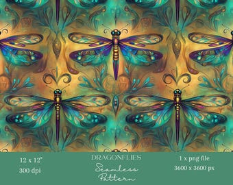 Könnte beinhalten: Nahtloses Muster mit einem sich wiederholenden Design aus schillernden blauen und grünen Libellen mit goldenen Akzenten auf einem gelben und grünen Hintergrund. Das Muster ist 12 Zoll mal 12 Zoll groß und hat 300 dpi.