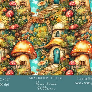 1x Modello digitale senza soluzione di continuità con cottage a fungo, file ripetuto, carta da parati da favola, sfondo in tessuto forestale, design digitale per bambini