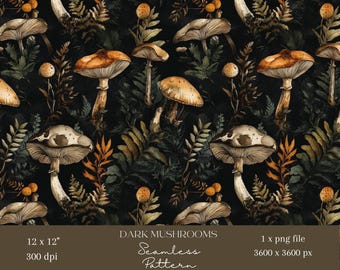 1x Dark Mushroom Seamless Pattern Woodland Botanical Repeat File Cottagecore Forest Fabric Moody Nature Wallpaper Fungi Sublimation