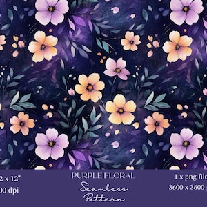 1x Lila Blumenmuster Nahtlose Muster Dunkel botanische Blumen und Blätter Digitales Papier Tapete Stoff Geschenkpapier Digitaler Hintergrund