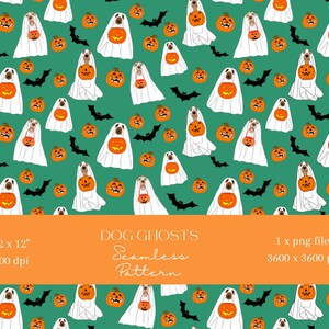 Puede incluir: Un patrón sin costuras con fantasmas de perros blancos, calabazas naranjas y murciélagos negros sobre un fondo verde azulado. Las calabazas tienen caras talladas. Se incluye el texto "DOG GHOSTS Seamless Pattern".