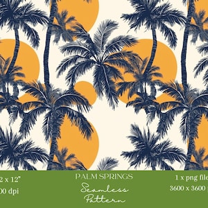 1x Patrón digital sin costuras de atardecer de palmera tropical, retro, verano, imprimible para papel tapiz, tela, papel de regalo, sublimación y manualidades.