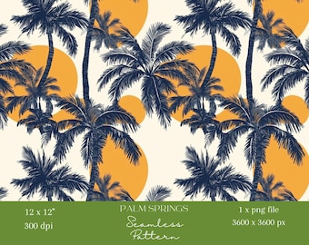 1x Tropical Palm Tree Sunset Seamless Digital Pattern Retro Summer Printable for Wallpaper, Fabric, Wrapping Paper & Sublimation and crafts