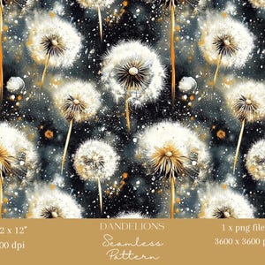 1x Dandelions Watercolour Paper Fabric Seamless Pattern Scrapbooking Floral Digital Background Dark Sublimation pattern