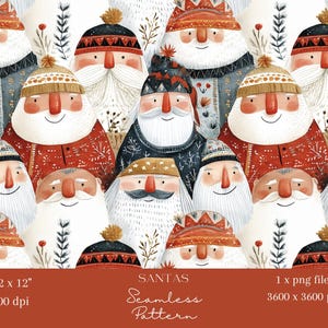 Op de afbeelding: Naadloos patroon met illustraties van kerstmannen. Elke kerstman heeft een witte baard en draagt een hoed en trui in verschillende kleuren, waaronder rood, blauw en beige. De tekst "SANTAS Seamless Pattern" is zichtbaar.